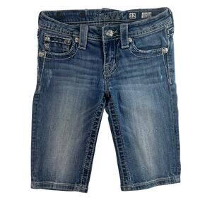 MISS ME Girls Sz 12‎ Bermuda Denim Jean Shorts Mid Rise Bling Flap Pockets Long